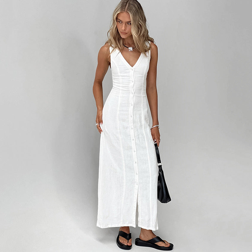 Women's Summer Sexy White V-Neck Cotton Split Sleeveless Dress