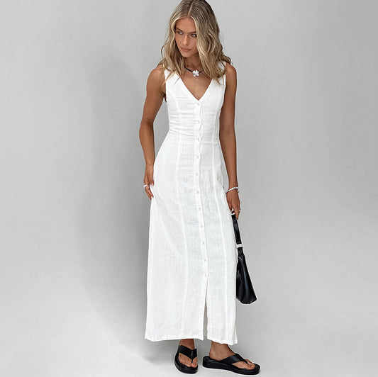 Women's Summer Sexy White V-Neck Cotton Split Sleeveless Dress