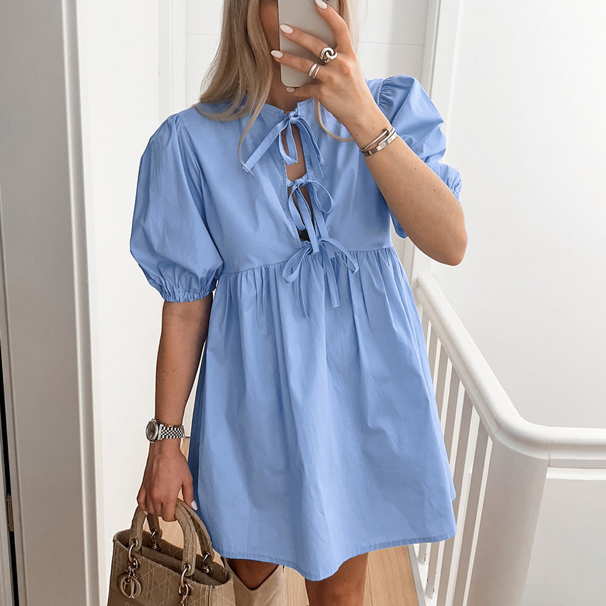 Women's Summer Casual Cotton Bow Tie Mini Dress