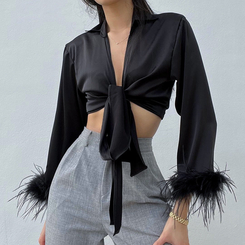 Satin Cropped Puff Sleeve Top with Feather Cuffs