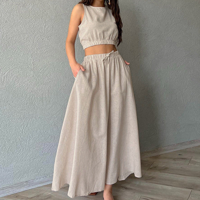 Women's Summer Casual Cotton Linen Crop Sleeveless Top and Sexy High-Slit Maxi Skirt Set