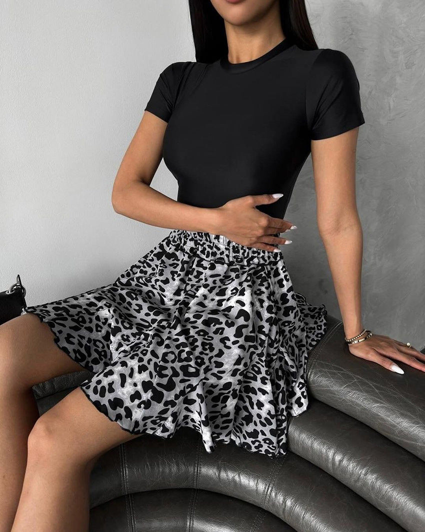 Women's Summer Sexy Leopard Print Ruffle Hem Elastic Waist Slimming Skirt