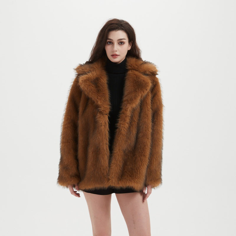 Women's Oversized Environmentally friendly Faux Fox Fur Coat with Large Lapel