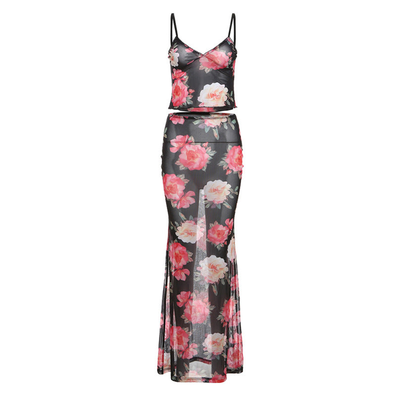 Stylish Printed Halter Tank Top and Sheer Midi Skirt Set