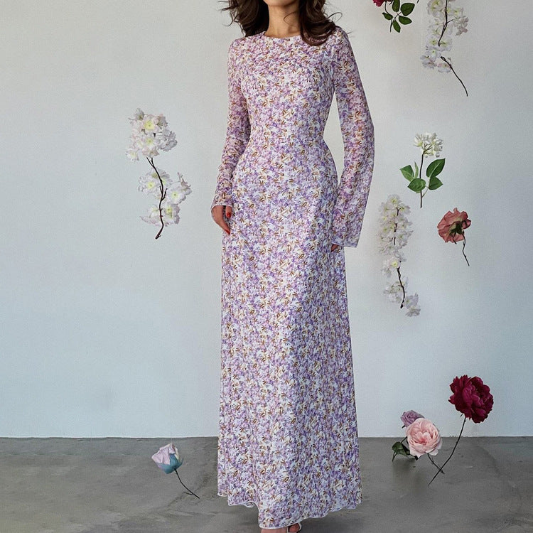 Women's New Floral French Maxi Dress with Round Neck