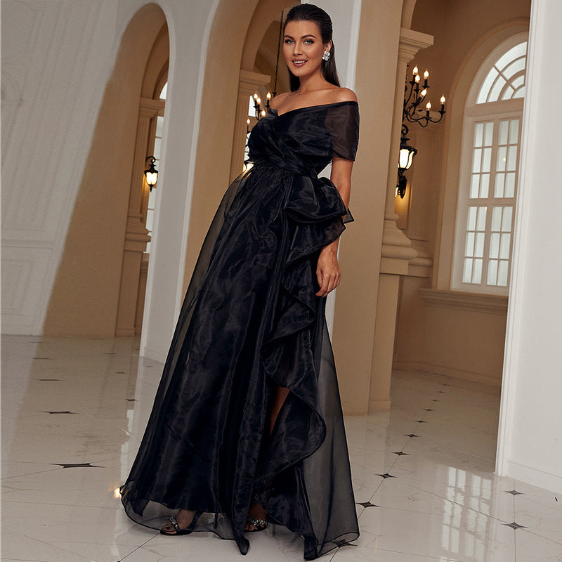 Women's Black One-shoulder Low-cut Mesh Evening Dress