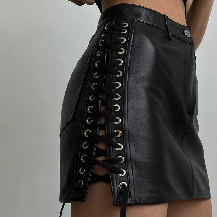 PU Leather Lace-Up Split Bodycon Skirt