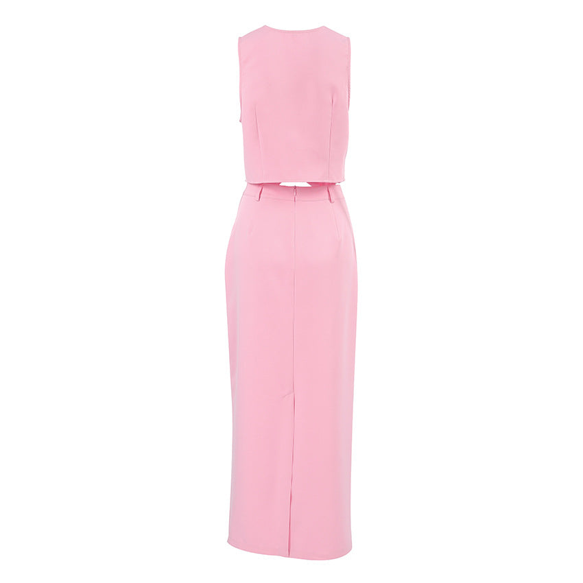 Fashion Casual Pink Two-Piece Set Sexy Sleeveless Vest Crop Top and Mid-Rise Split Skirt