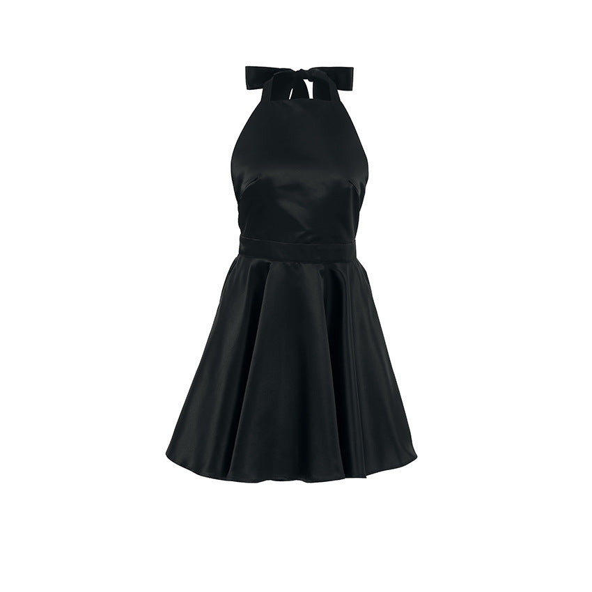 French Style Sexy Black High-Waisted Sleeveless Halter Dress