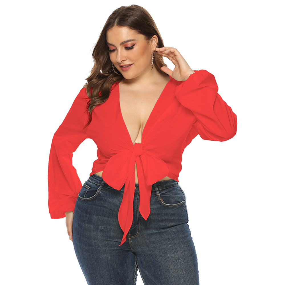 Plus Lantern Sleeve Tie Front Crop Top