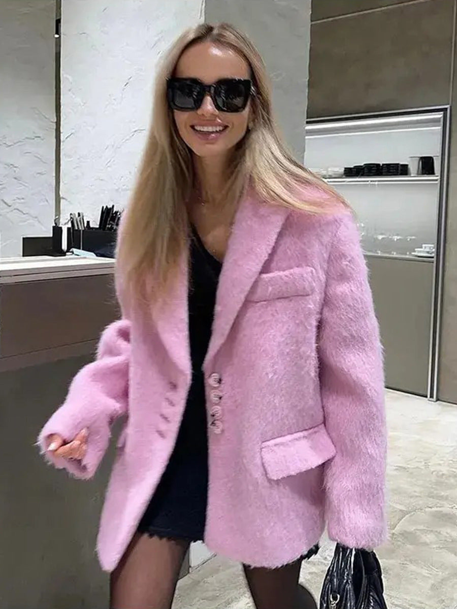 Women's Fashionable Loose Lapel Plush Coat