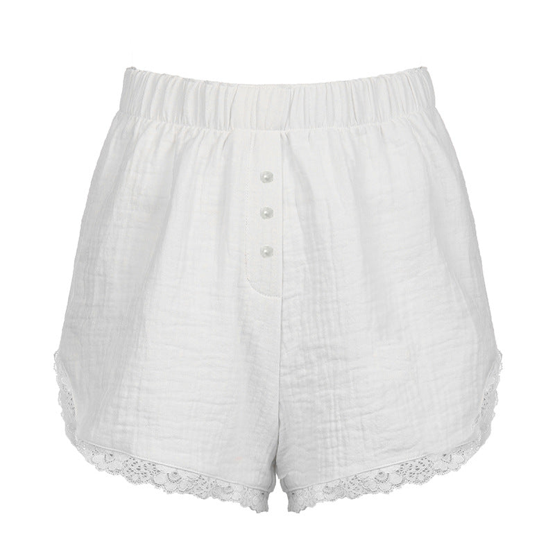 Spring/Summer Fresh Solid Color Button Lace Casual Shorts