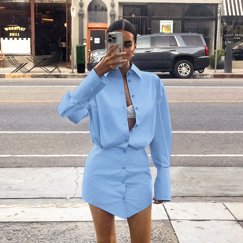 Blue Loose Collared Shirt Dress with Fitted Sleeves