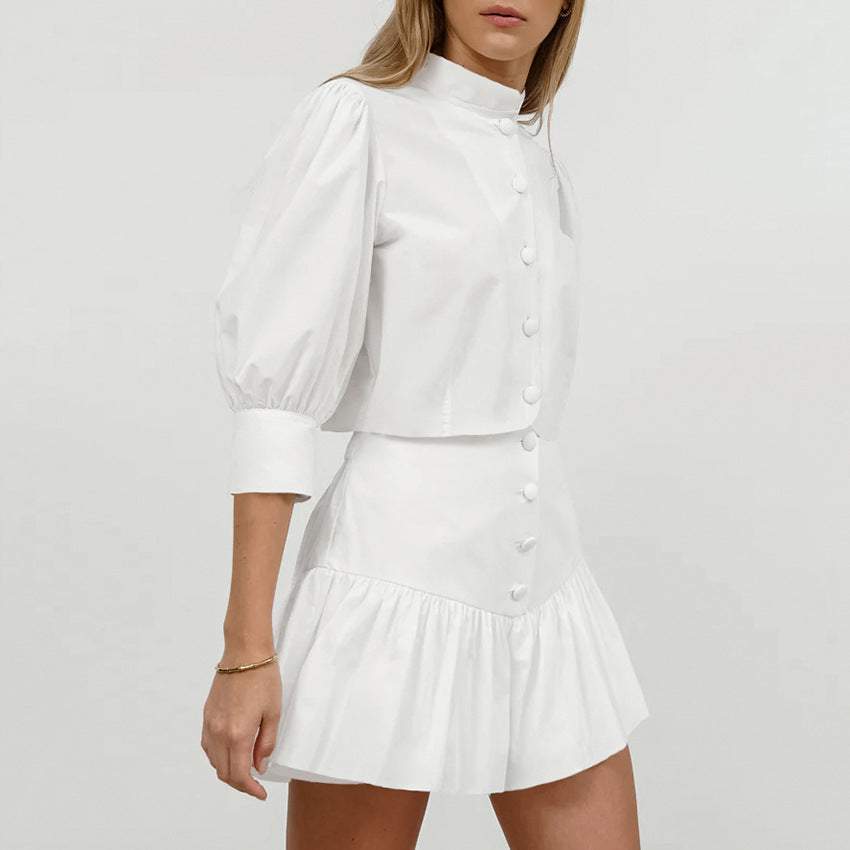 Women's Summer Cotton Linen White Mandarin Collar 3/4 Sleeve Blouse and High Waist Tight Skirt Set