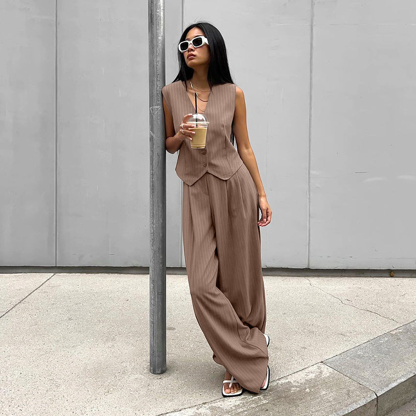 Chic and Comfortable Two-Piece Set: V-Neck Sleeveless Vest and Wide Leg Pants with Belt for Women