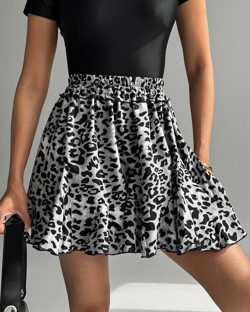 Women's Summer Sexy Leopard Print Ruffle Hem Elastic Waist Slimming Skirt