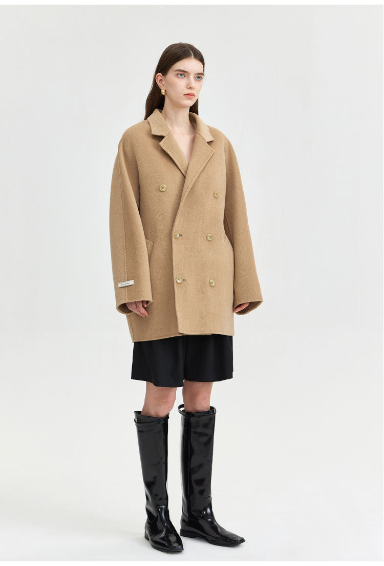 Women's loose double-breasted mid-length wool coat