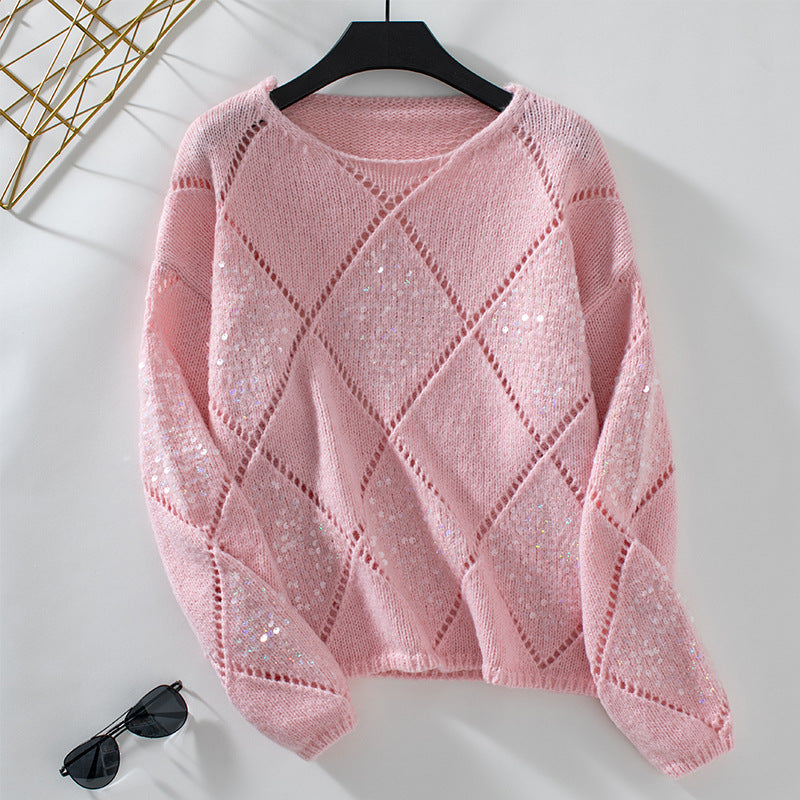 Women's Fashion Hollow Out Diamond Pattern Sequin Knit Sweater