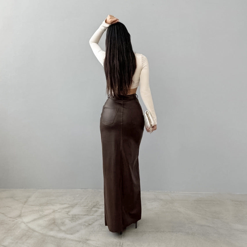 Women's High-Waisted Fleece-Lined Matte Leather Bodycon Straight Skirt