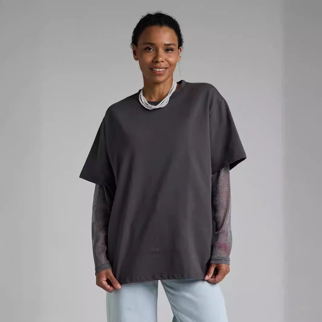 Summer Chic: Mesh Panel Long Sleeve T-shirt - Loose-Fit Sun Protection Top