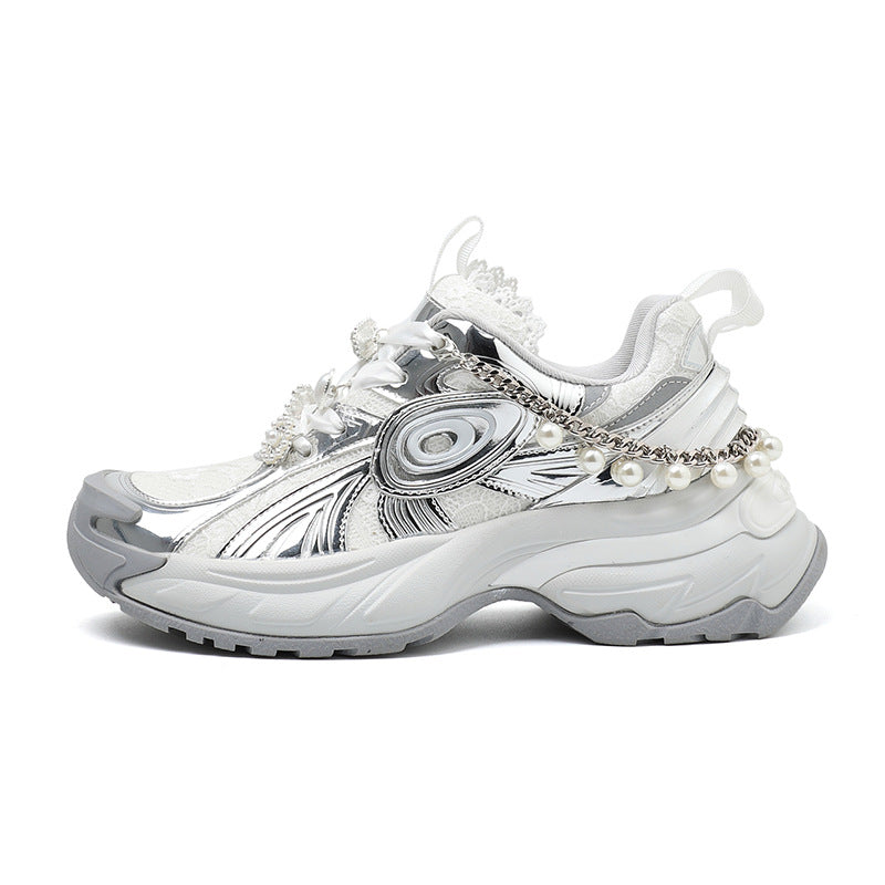 Lace Silver Chunky Sneakers for Women - 2024 New Fashion Pearl Mesh Lace-Up Turbine Casual Shoes