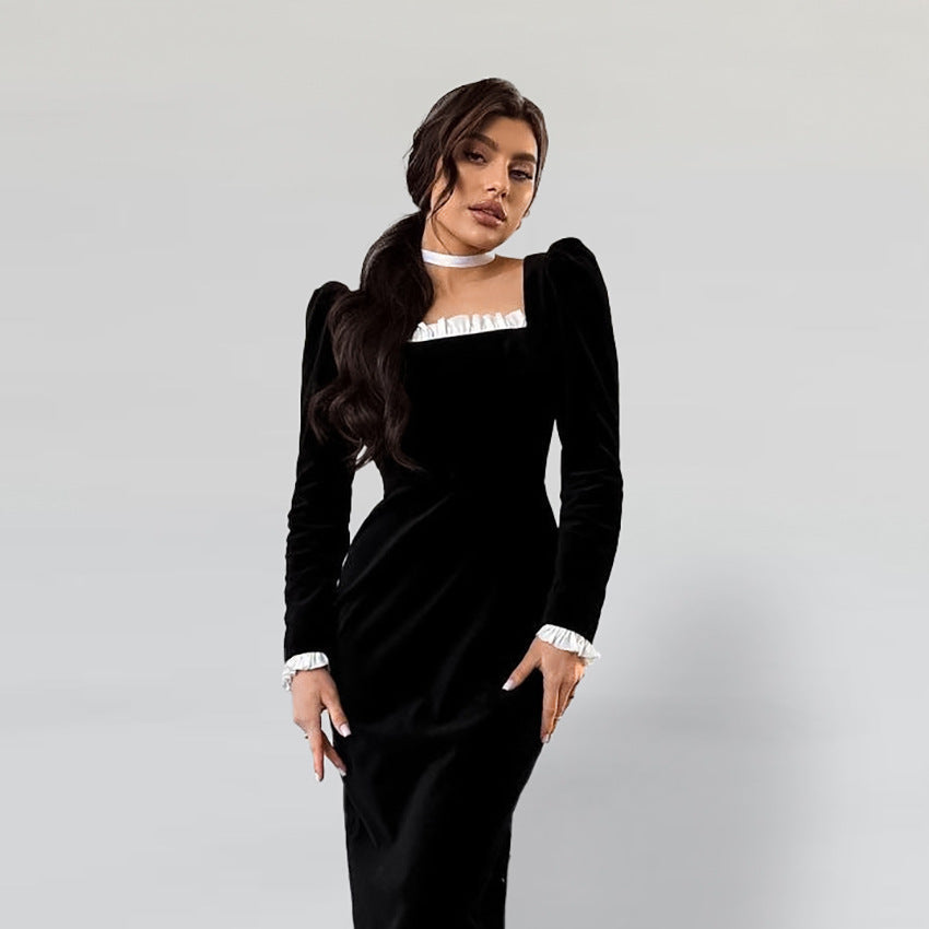 Women's Black Sexy Fitted Velvet Long Sleeve Knit Dress