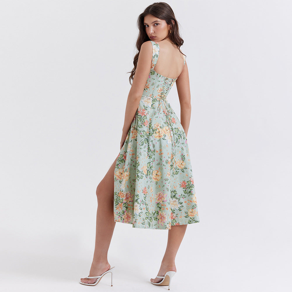 Seductive Spring: Bodycon Floral Slip Dress with Open Back and Thigh-high Slit, Perfect for Vacation or Festive Affairs