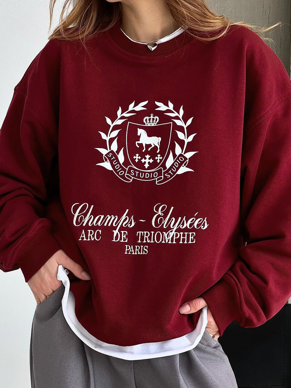 Women's Angora Red Crewneck Pullover Printed Sweatshirt