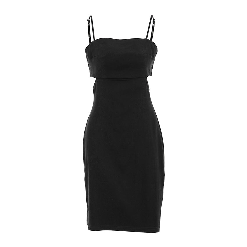 Women's Summer Black Sexy Spaghetti Strap Square Neck Cutout Waist Short Dress