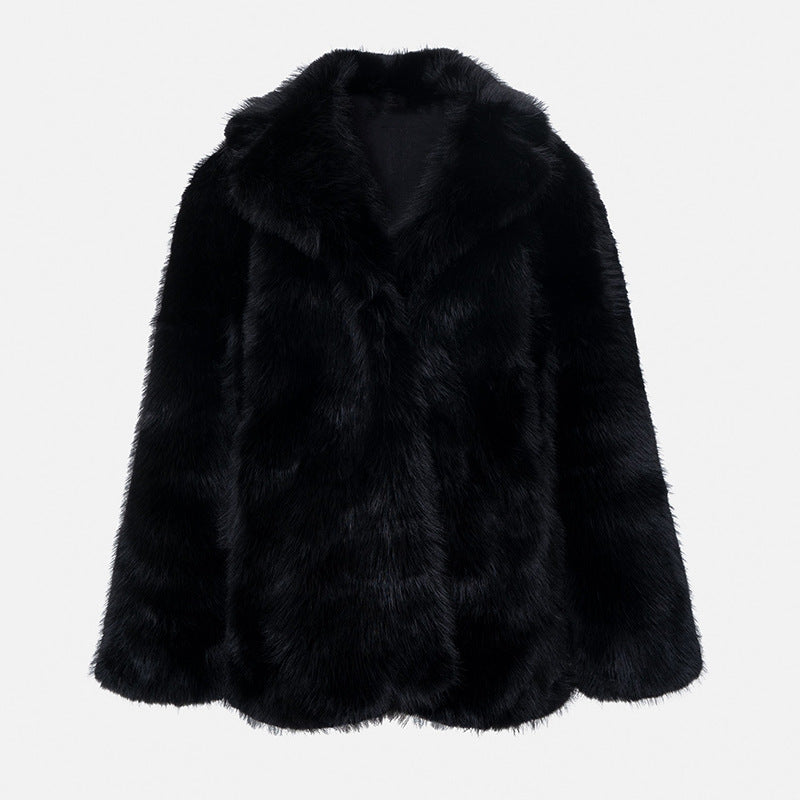 Women's Oversized Environmentally friendly Faux Fox Fur Coat with Large Lapel