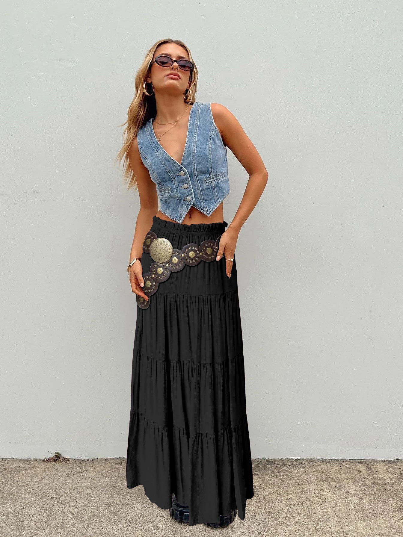 Solid Color High-Waisted Cotton Pleated Maxi Skirt - Elegant and Figure-Flattering