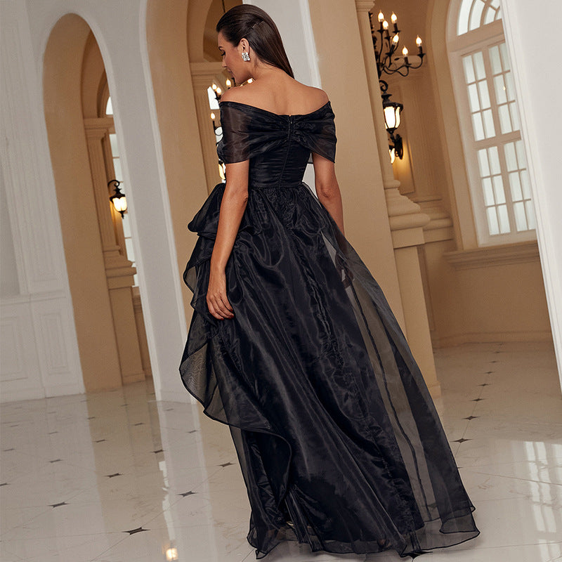 Women's Black One-shoulder Low-cut Mesh Evening Dress