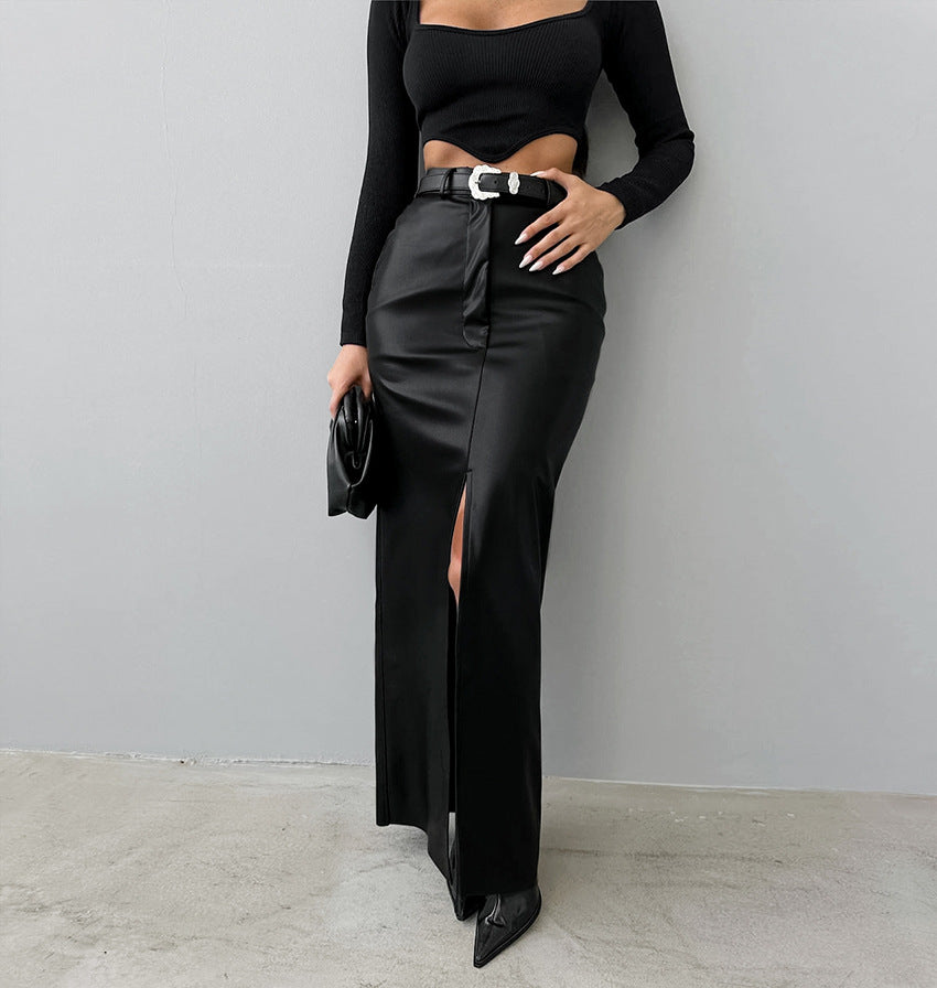 Women's High-Waisted Fleece-Lined Matte Leather Bodycon Straight Skirt