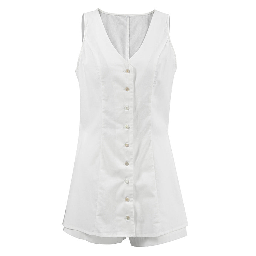 Women's Summer Cotton Linen White Sleeveless Vest and Shorts Casual Set