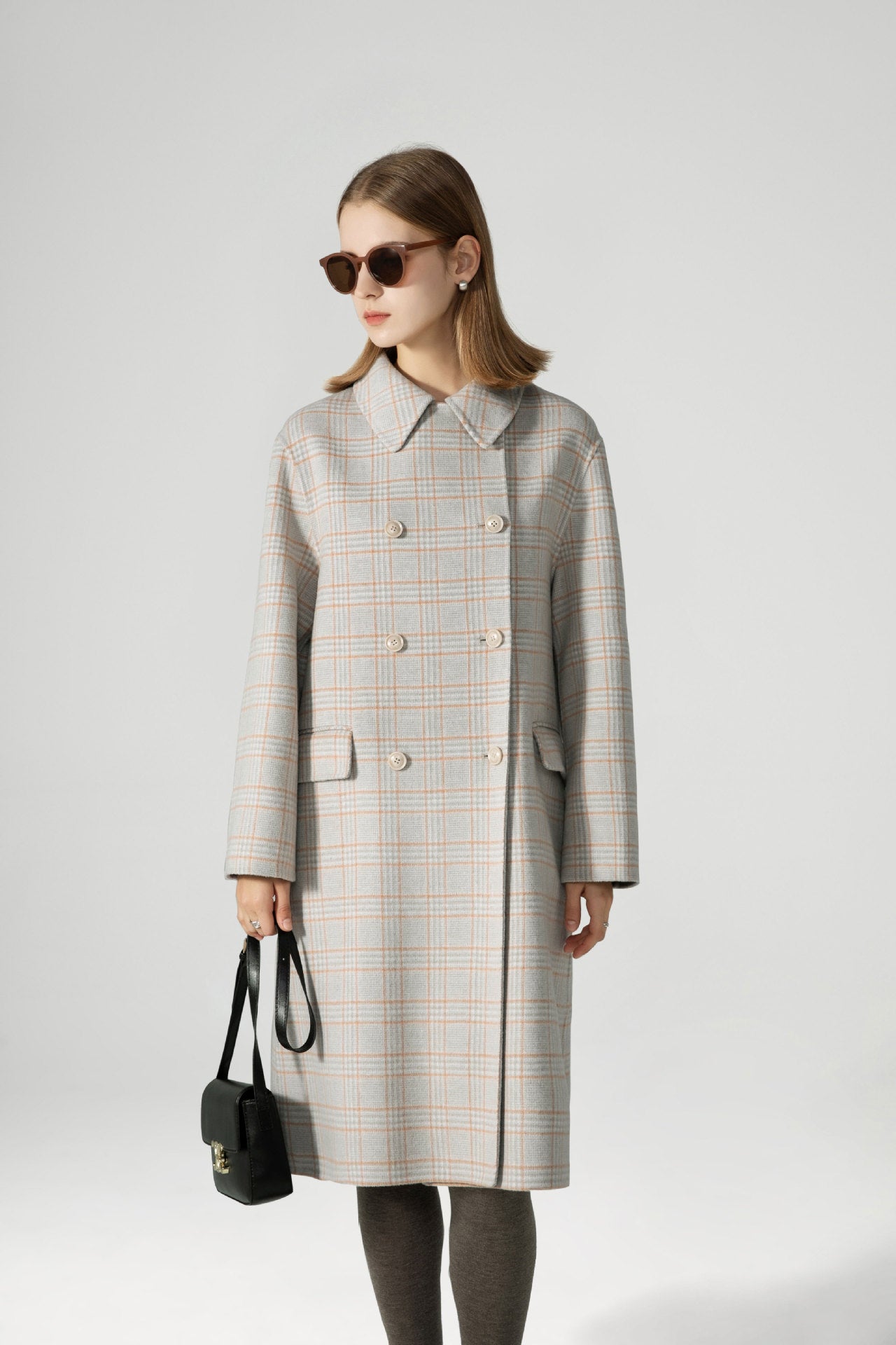 Women's plaid double-breasted wool coat