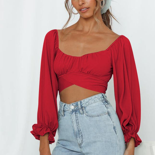 Women's Cute Off Shoulder Long Sleeve Self Tie Knot Crop Tube Top Blouse