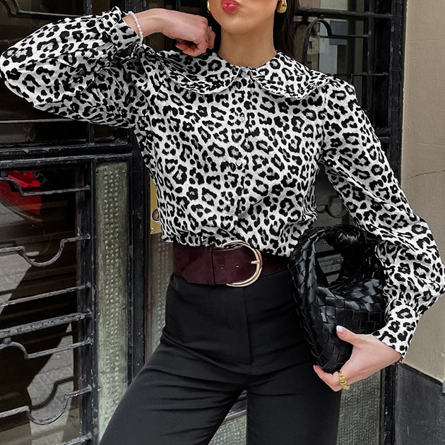 Summer Women's Cotton Leopard Print Lapel Long Sleeve Shirt