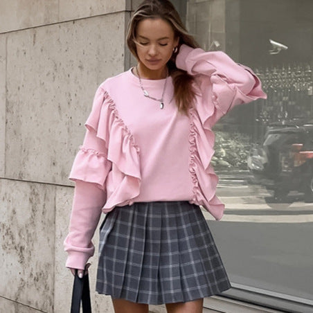 Women's Pink Loose Ruffle Long-Sleeve Sweatshirt