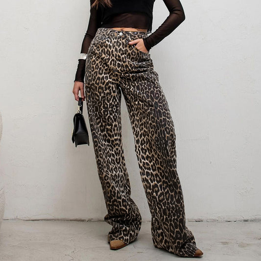 Trendy and Bold Streetwear Style High Waist Leopard Print Straight Pants