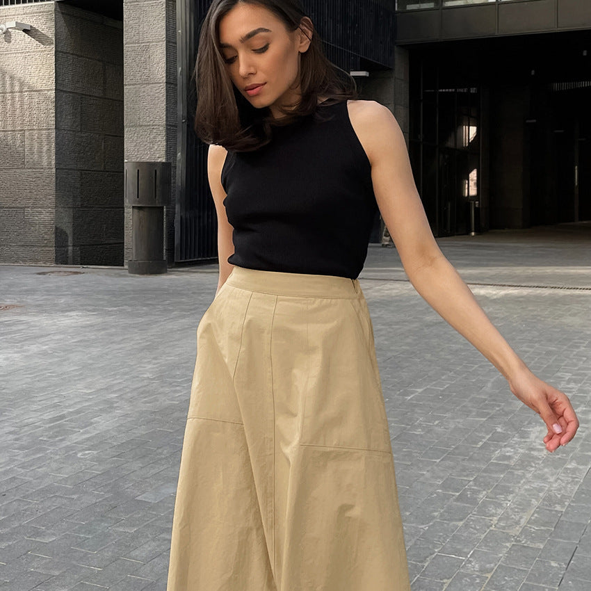 Women's Khaki Cotton A-Line High Waist Skirt