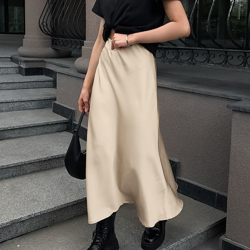 Women's Khaki Satin High-Waisted Versatile Midi Skirt