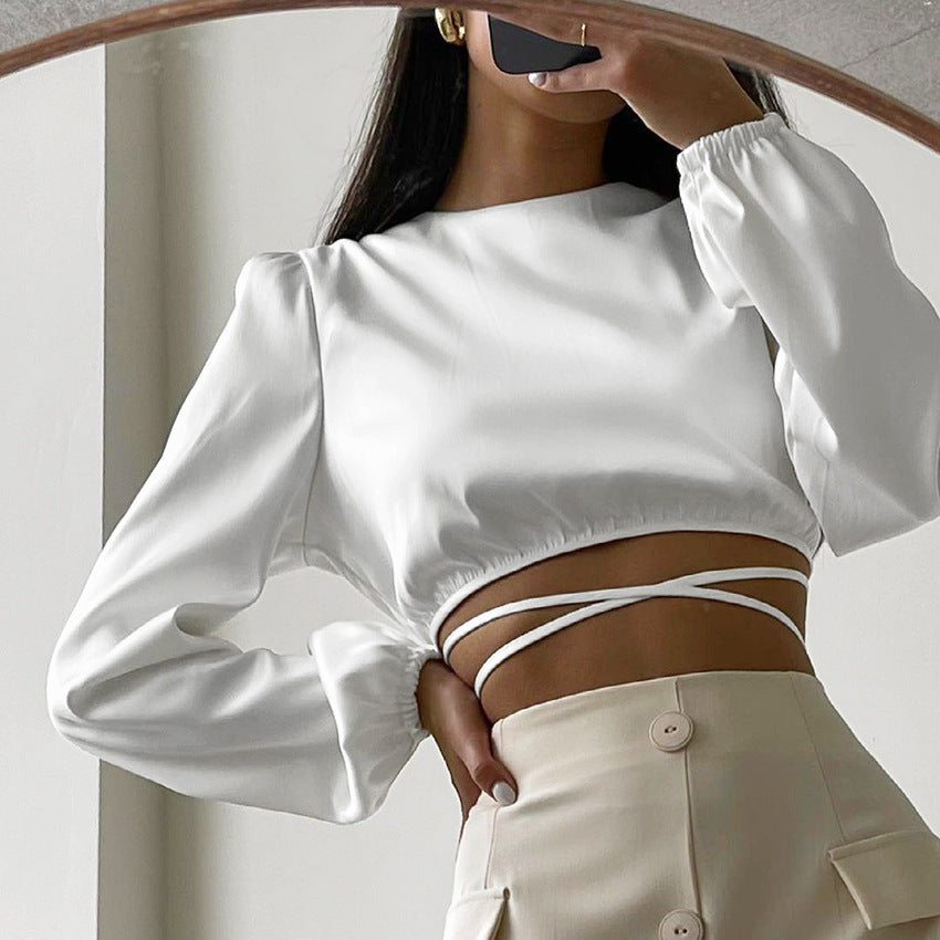 Satin crop top long hot sale sleeve