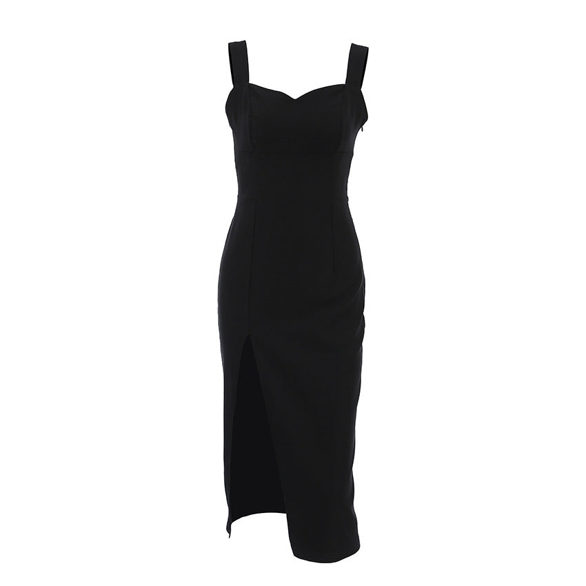 Women's Sexy Black Sleeveless Square Neck Split Dress