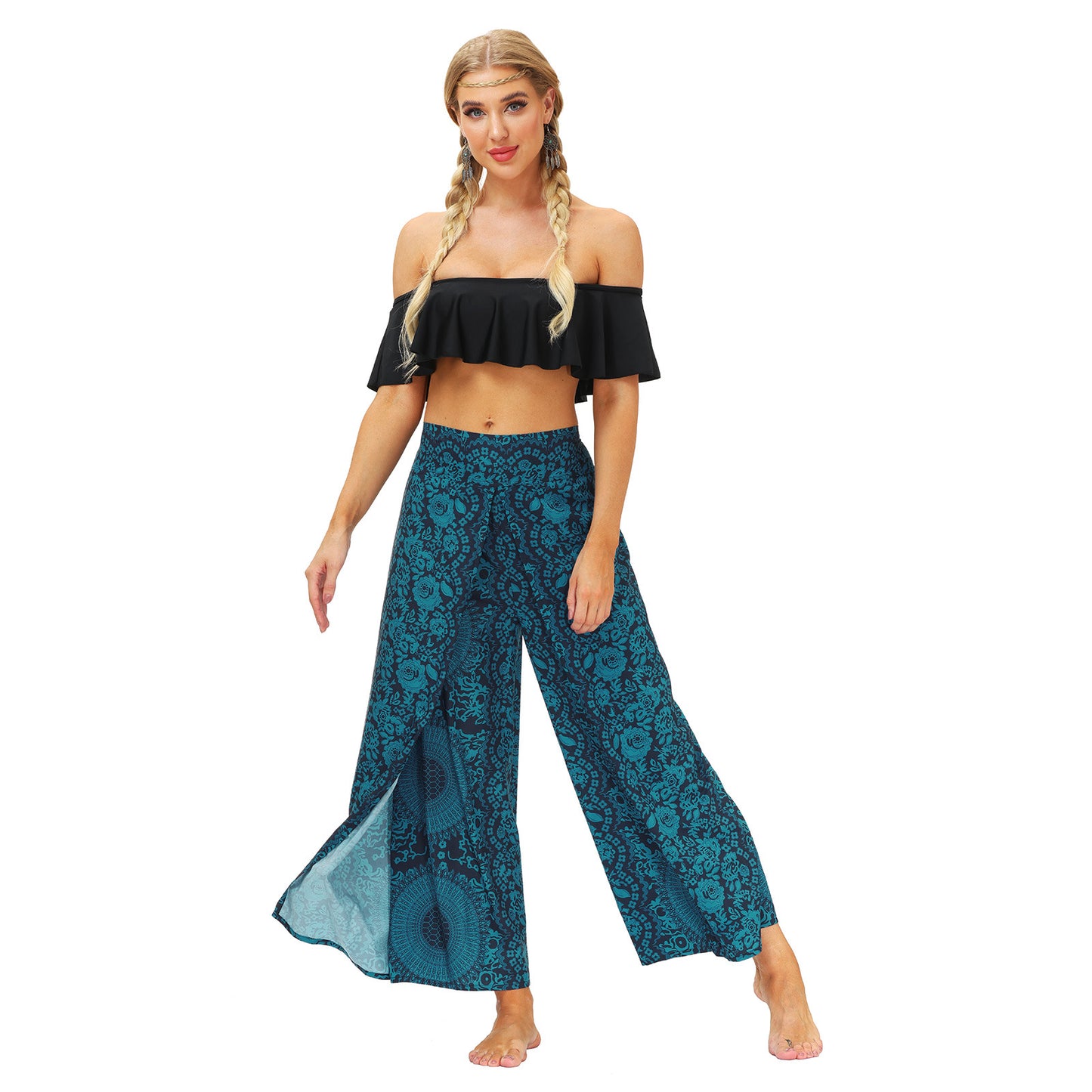 Geo Print Split Thigh Wide Leg Pants