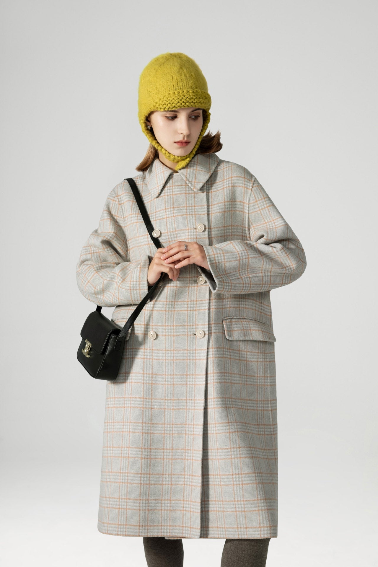 Women's plaid double-breasted wool coat