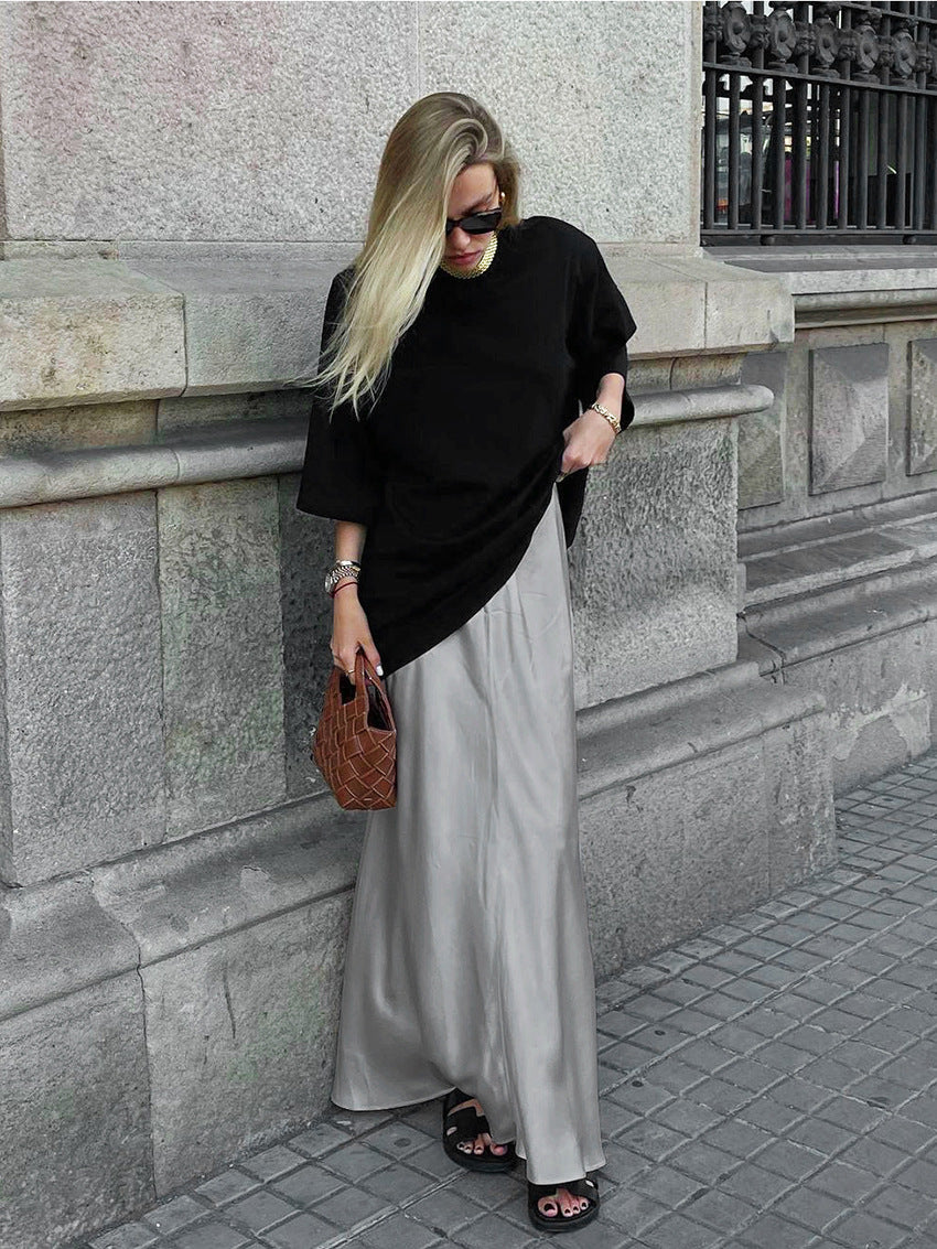 Elegant Gray Satin High Waist Mermaid Maxi Skirt