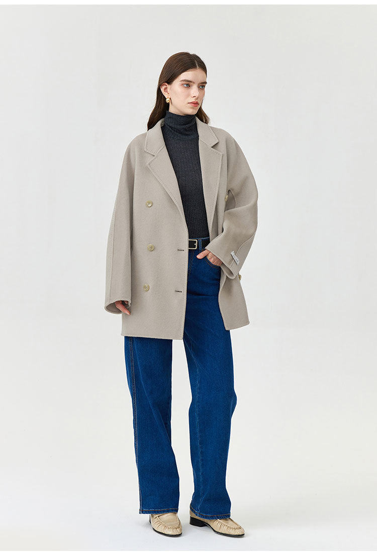 Women's loose double-breasted mid-length wool coat