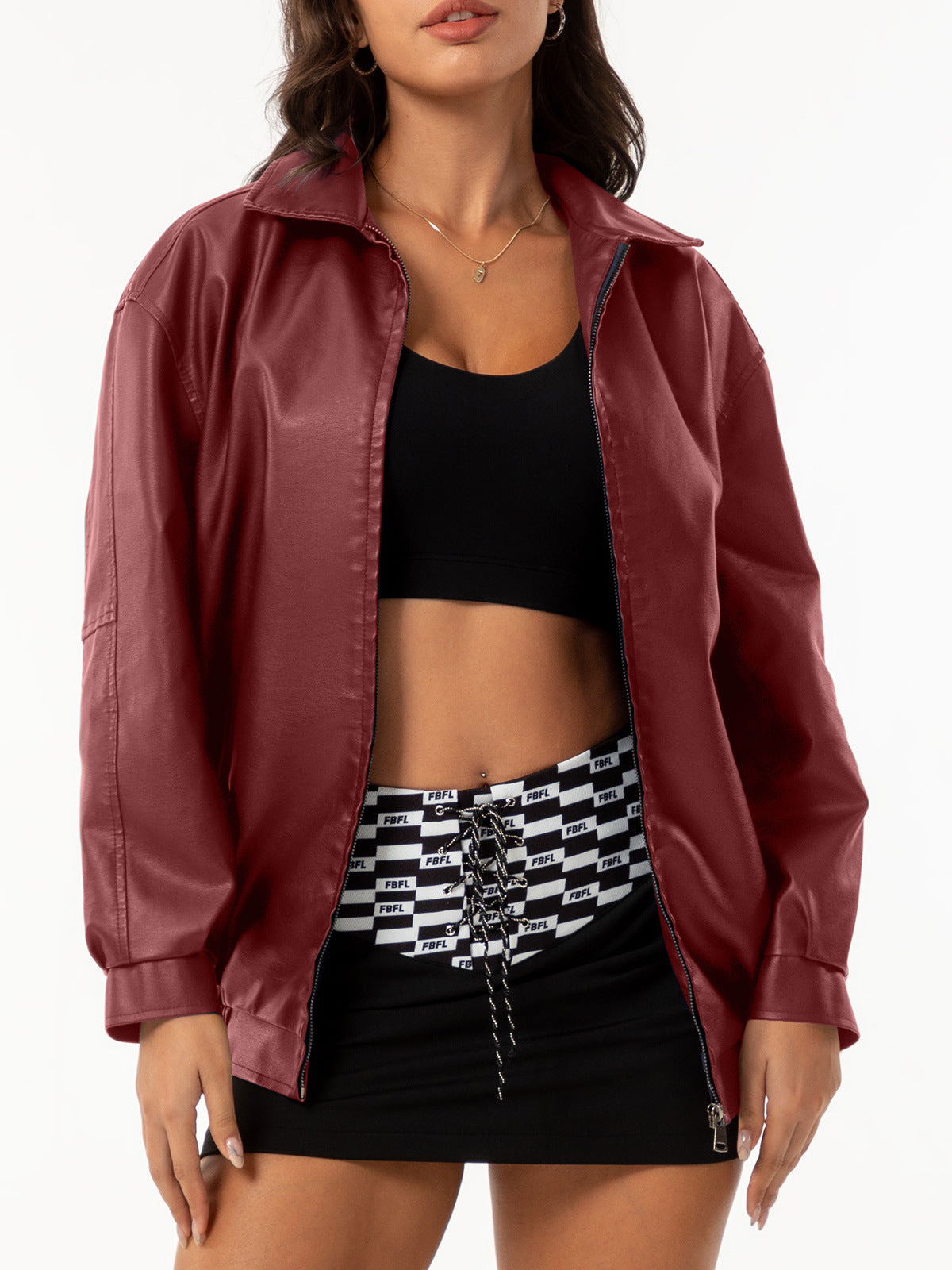 Women's Fashion Loose-Fit Long Sleeve Faux Leather Jacket with Zipper and Pockets