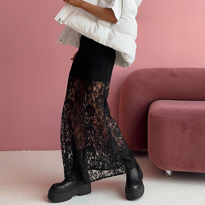 Women's Summer Black Lace Sheer Straight Long Skirt