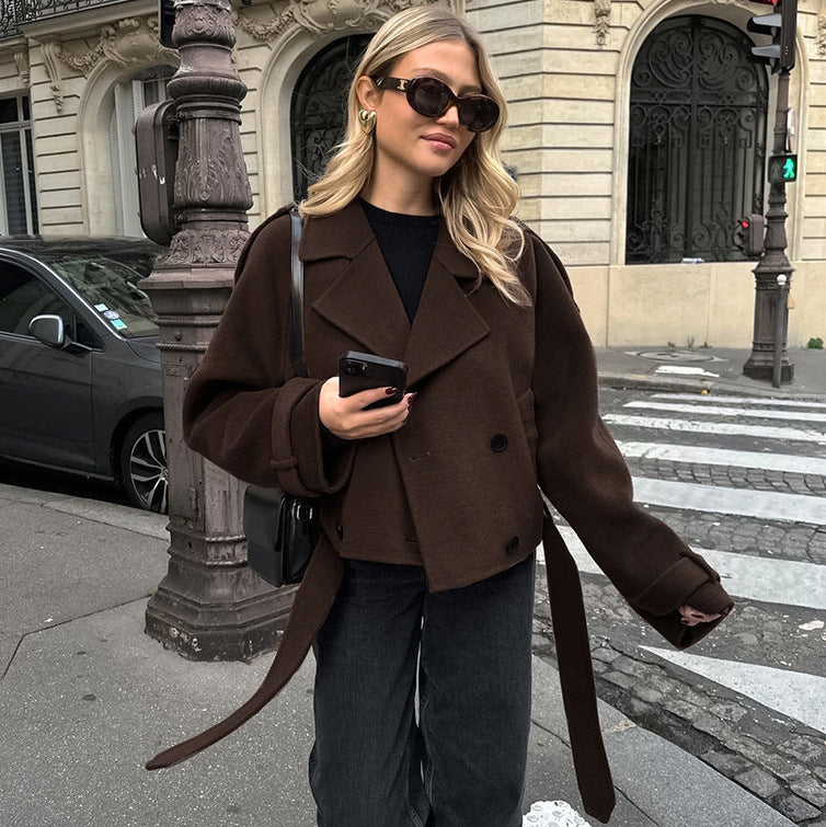 Women's Brown Double-Breasted Wool Coat with Lapel Collar and Belt, Polyester Blend